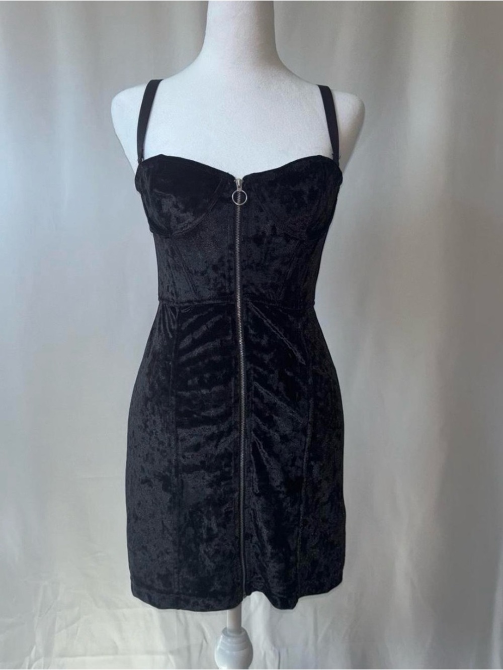 Black Velvet corduroy Zip-Front Bustier Mini Dress